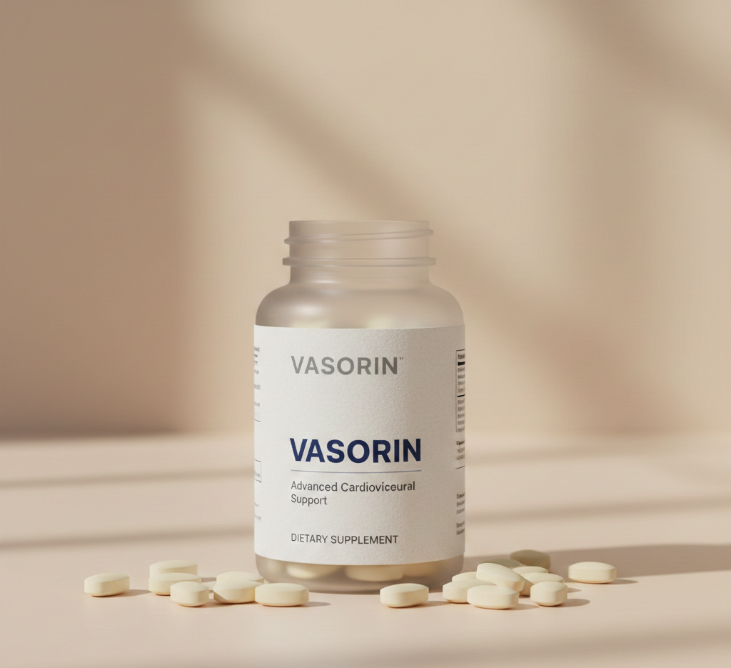 Упаковка Vasorin - засіб для підтримки нормального артеріального тиску у вигляді капсул у синьо-білій упаковці з чіткою маркуванням кількості та назви продукту на нейтральному тлі